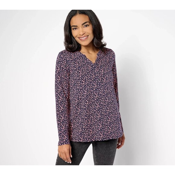 Denim & Co. Printed Knit Favorite Jersey A-Line Henley Top Navy X Small A635940 - Picture 1 of 1